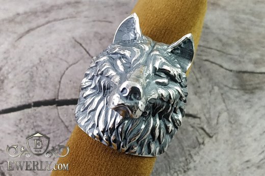 Men's large silver male signet wolf, фото